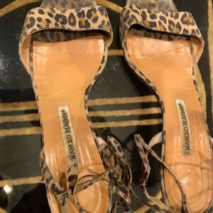 Manolo Blahnik cheetah print sandals w/ wrap-around ankle ties